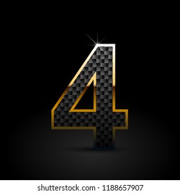 Black carbon fiber number 4. Carbon vector font with gold outline isolated on black background