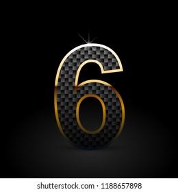Black carbon fiber number 6. Carbon vector font with gold outline isolated on black background
