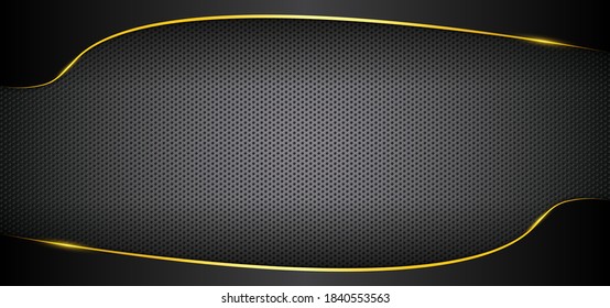 Carbono negro con fondo vectorial de luz dorada. Fondo oscuro de textura de fibra metálica. Vector editable