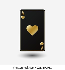 Black card ace suit hearts with gold border. Vector illustration on white background.