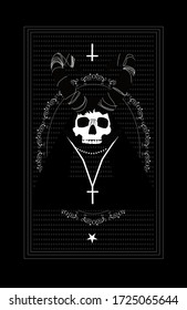Black card with death skull, horns and cross. 