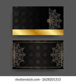 Black card decorated with a mandala pattern and a gold frame. Luxurious.