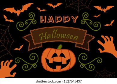Black card with the inscription "Happy Halloween" with bats, pumpkin, cobweb and zombie hands. Vintage kids style.
