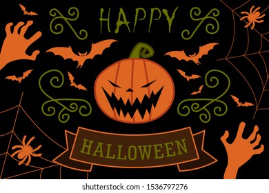 Black card with the inscription "Happy Halloween" with bats, spiders, pumpkin, cobweb and zombie hands. Vintage kids style.