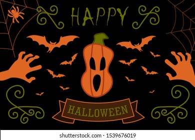 Black card with the inscription "Happy Halloween" with bats, pumpkin, cobweb and zombie hands. Vintage kids style.