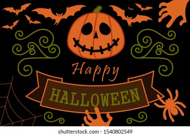 Black card with the inscription "Happy Halloween" with bats, pumpkin, cobweb and zombie hands. Vintage kids style.