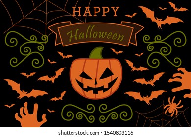 Black card with the inscription "Happy Halloween" with bats, spider, pumpkin, cobweb and zombie hands. Vintage kids style.