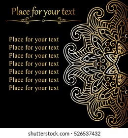 Black card or invitation with gold pattern mandala Indian, Arabic, Turkish, Islamic style