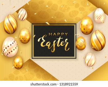 Black card with lettering Happy Easter and golden Easter eggs on holiday gold background with confetti and luxury elements, illustration.