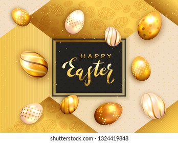 Black card with lettering Happy Easter and golden Easter eggs on holiday gold background with confetti and luxury elements, illustration.
