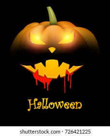 Black card with luminous halloween pumpkin face pattern. Vector illustration.
