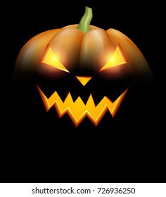 Black card with luminous halloween pumpkin face pattern. Vector illustration.
