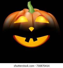 Black card with luminous halloween pumpkin face pattern. Vector illustration.