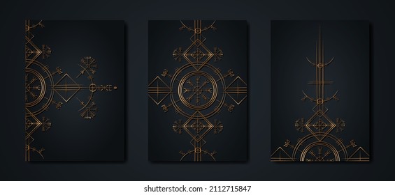Black card set collection of Magic ancient viking art deco, Gold Vegvisir navigation compass ancient. Vikings symbols, Norse mythology, Luxury golden Logo template icon Wiccan esoteric sign 