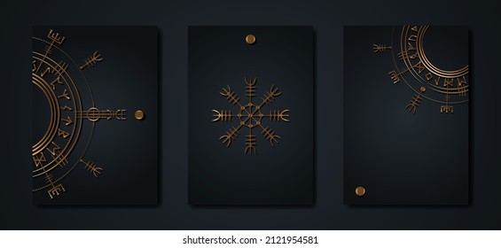 Black Card Set Collection Of Magic Ancient Viking Art Deco, Gold Vegvisir Navigation Compass Ancient. Vikings Symbols, Norse Mythology, Luxury Golden Logo Template Icon Wiccan Esoteric Sign 