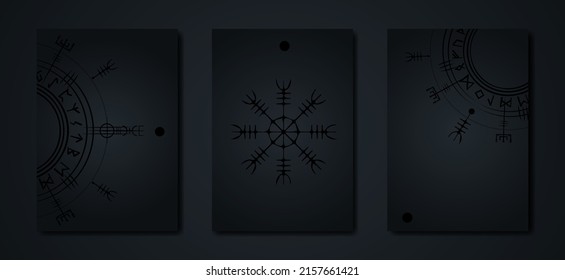 Black card set collection of Magic ancient viking art deco, dark Vegvisir navigation compass ancient. Vikings symbols, Norse mythology, total black Logo template icon Wiccan esoteric sign 