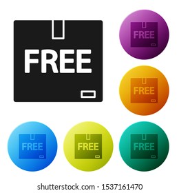 Black Cardboard box with free symbol icon isolated on white background. Box, package, parcel sign. Delivery, transportation and shipping. Set icons colorful circle buttons. Vector Illustration
