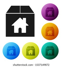 Black Cardboard box with house symbol icon isolated on white background. Box, package, parcel sign. Delivery, transportation and shipping. Set icons colorful circle buttons. Vector Illustration