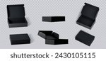 Black cardboard box mockups set isolated on transparent background. Vector realistic illustration of open and closed 3d carton packages for shoes, mail delivery, gift parcel packaging blank surface