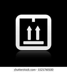 Black Cardboard box with traffic symbol icon isolated on black background. Box, package, parcel sign. Delivery, transportation and shipping. Silver square button. Vector Illustration