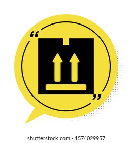 Black Cardboard box with traffic symbol icon isolated on white background. Box, package, parcel sign. Delivery, transportation and shipping. Yellow speech bubble symbol. Vector Illustration