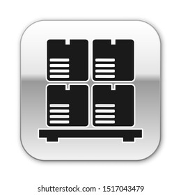 Black Cardboard boxes on pallet icon isolated on white background. Closed carton delivery packaging box with fragile signs. Silver square button. Vector Illustration