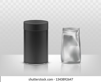 Black cardboard paper round tube box and foil, plastic sealed packet, container 3d realistic vector on reflective surface, transparent background. Confectionery product, tea or coffee packaging mockup