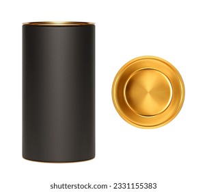 Black cardboard tube with gold lid isolated on a white background. Top view of the lid. Packaging for gifts, postage, products - tea, coffee, bottles. Realistic vector mockup of craft paper tube.