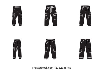 Black cargo pants vector set for fashion apparel design and outdoor activity related graphic materials