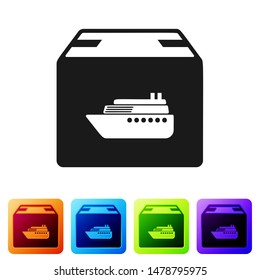 Black Cargo ship with boxes delivery service icon isolated on white background. Delivery, transportation. Freighter with parcels, boxes, goods. Set icons in color square buttons. Vector Illustration