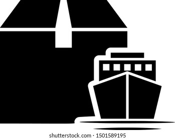 Black Cargo ship with boxes delivery service icon isolated on white background. Delivery, transportation. Freighter with parcels, boxes, goods.  Vector Illustration