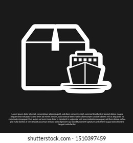 Black Cargo ship with boxes delivery service icon isolated on black background. Delivery, transportation. Freighter with parcels, boxes, goods.  Vector Illustration