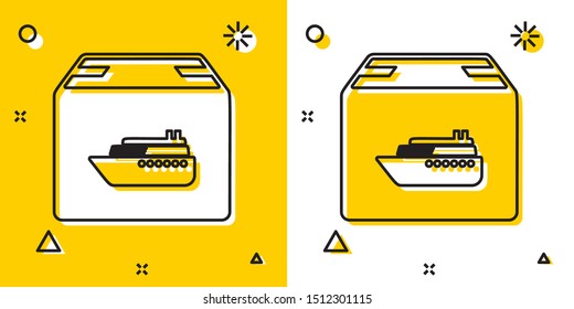 Black Cargo ship with boxes delivery service icon isolated on yellow and white background. Delivery, transportation. Freighter with parcels, boxes, goods. Random dynamic shapes. Vector Illustration