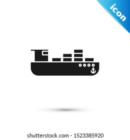 Black Cargo ship with boxes delivery service icon isolated on white background. Delivery, transportation. Freighter with parcels, boxes, goods.  Vector Illustration