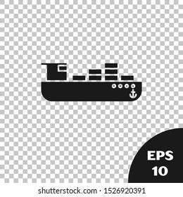 Black Cargo ship with boxes delivery service icon isolated on transparent background. Delivery, transportation. Freighter with parcels, boxes, goods.  Vector Illustration