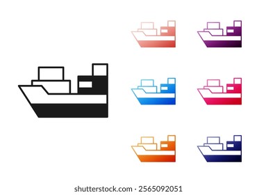 Black Cargo ship with boxes delivery service icon isolated on white background. Delivery, transportation. Freighter with parcels, boxes, goods. Set icons colorful. Vector