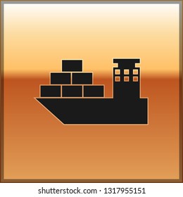 Black Cargo ship icon isolated on gold background. Vector Illustration