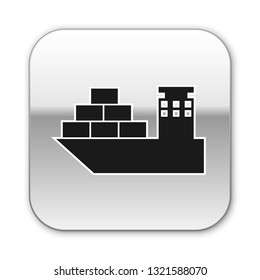 Black Cargo ship icon isolated on white background. Silver square button. Vector Illustration
