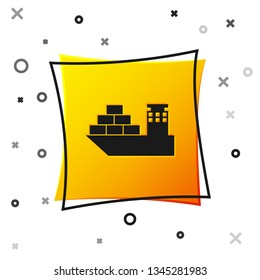 Black Cargo ship icon isolated on white background. Yellow square button. Vector Illustration