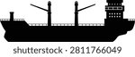 Black cargo ship silhouette vector icon with freighter and vessel profile. Isolated maritime graphic element with mast, bridge, deck, hull, smokestack and railing. Port trade and logistics ship.