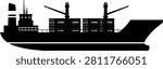 Black cargo ship silhouette vector element with containers and cranes. Side view freighter, vessel, boat, maritime shipping graphic element for trade, freight, logistics, transport and commercial use.