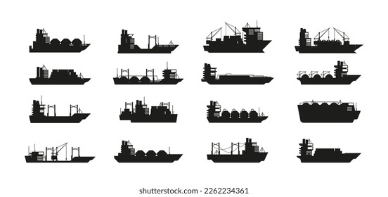 Barcos de carga negros. Buques comerciales de transporte marítimo, buques cisterna que transportan contenedores pesados, siluetas de embarcaciones de carga de tipo plano. Conjunto de vectores. Transporte náutico, logística acuática