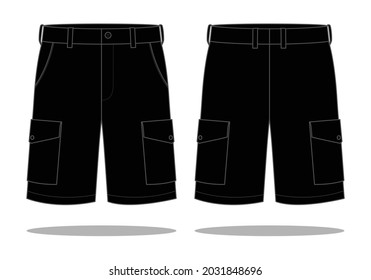 Black Cargo Short Pants Template Vector on White Background.Front and Back View.