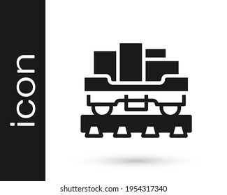 Black Cargo train wagon icon isolated on white background. Full freight car. Railroad transportation.  Vector