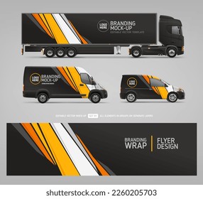 Black Cargo Truck and Delivery Van modern branding design. Company Car mockup. Black Branding vehicle graphics. Abstract corporate identity background dsgn for truck advertising. Editable vector