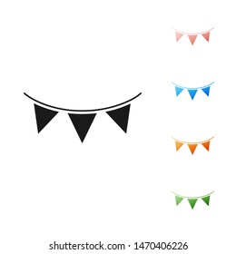 Black Carnival garland with flags icon isolated on white background. Party pennants for birthday celebration, festival and fair decoration. Set icons colorful. Vector Illustration