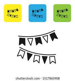 Black Carnival garland with flags icon isolated on white background. Party pennants for birthday celebration, festival and fair decoration. Set icons colorful square buttons. Vector Illustration