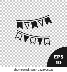 Black Carnival garland with flags icon isolated on transparent background. Party pennants for birthday celebration, festival and fair decoration.  Vector Illustration