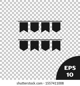 Black Carnival garland with flags icon isolated on transparent background. Party pennants for birthday celebration, festival and fair decoration.  Vector Illustration