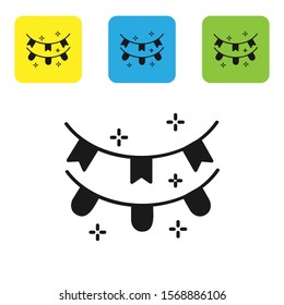 Black Carnival garland with flags icon isolated on white background. Party pennants for birthday celebration, festival and fair decoration. Set icons colorful square buttons. Vector Illustration